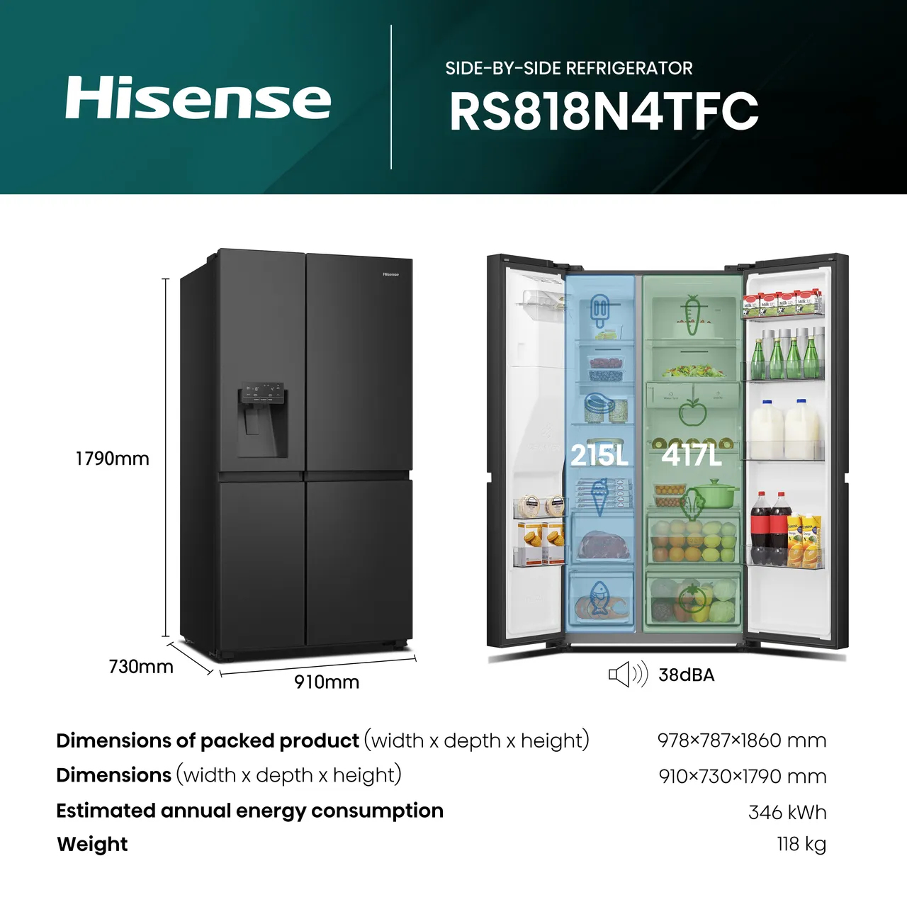 Hisense PureFlat RS818N4TFC Wifi Connected Non-Plumbed Frost Free American Fridge Freezer - Black Stainless Steel - C Rated (EX-DISPLAY/B)