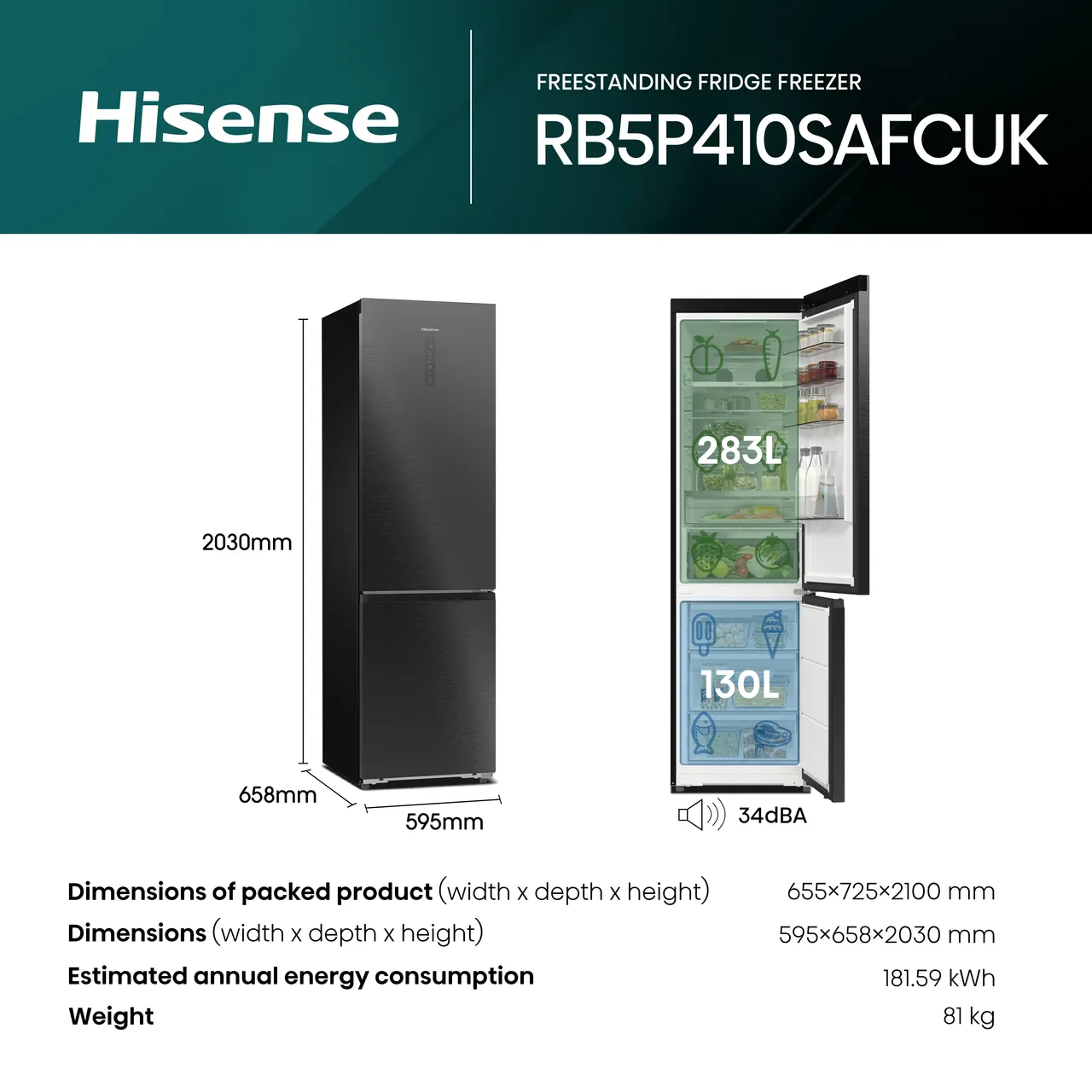Hisense PureFlat RB5P410SAFCUK 203cm 70/30 No Frost Fridge Freezer - Black / Stainless Steel - C Rated (EX-DISPLAY/A)
