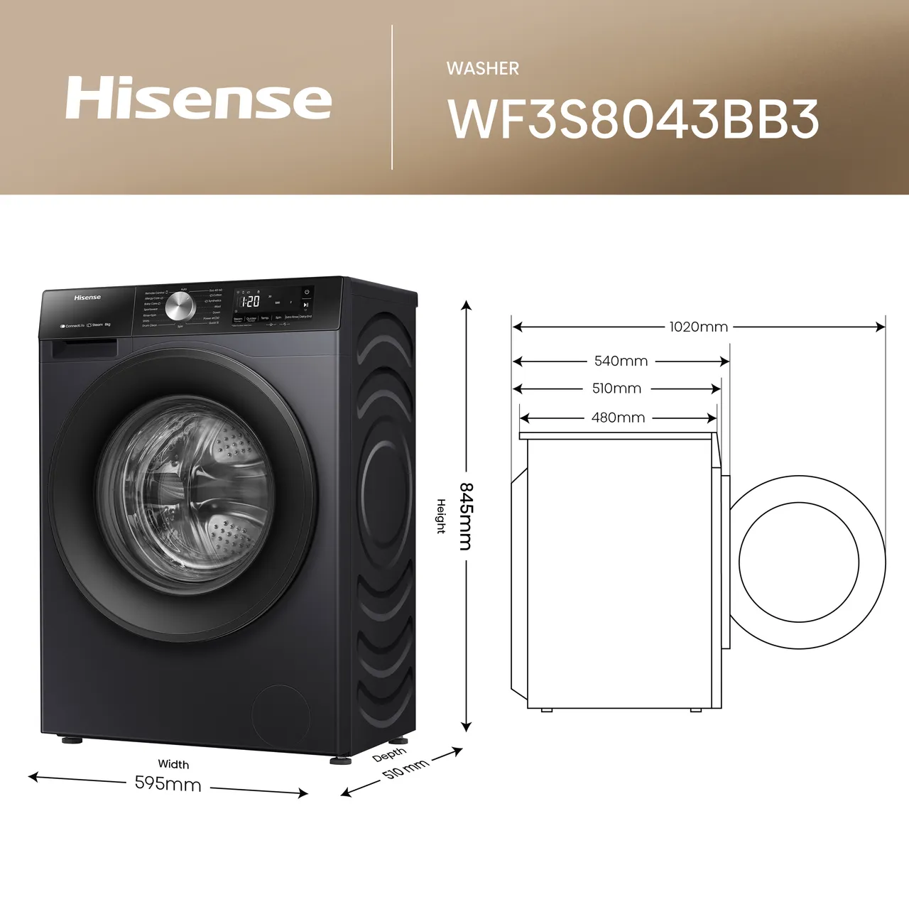 Hisense 3S Series WF3S8043BB3 8kg WiFi Connected Washing Machine with 1400 rpm - Black - A Rated (EX-DISPLAY/B)