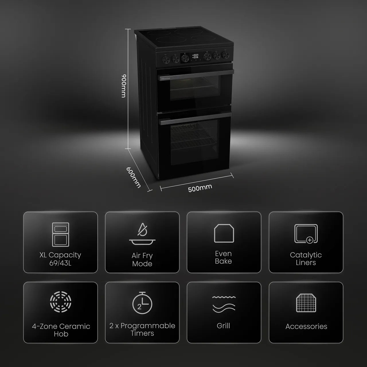 Hisense Hi6 Max HDCEC5C10B 50cm Electric Cooker with Ceramic Hob - Black - A Rated (EX-DISPLAY/C)