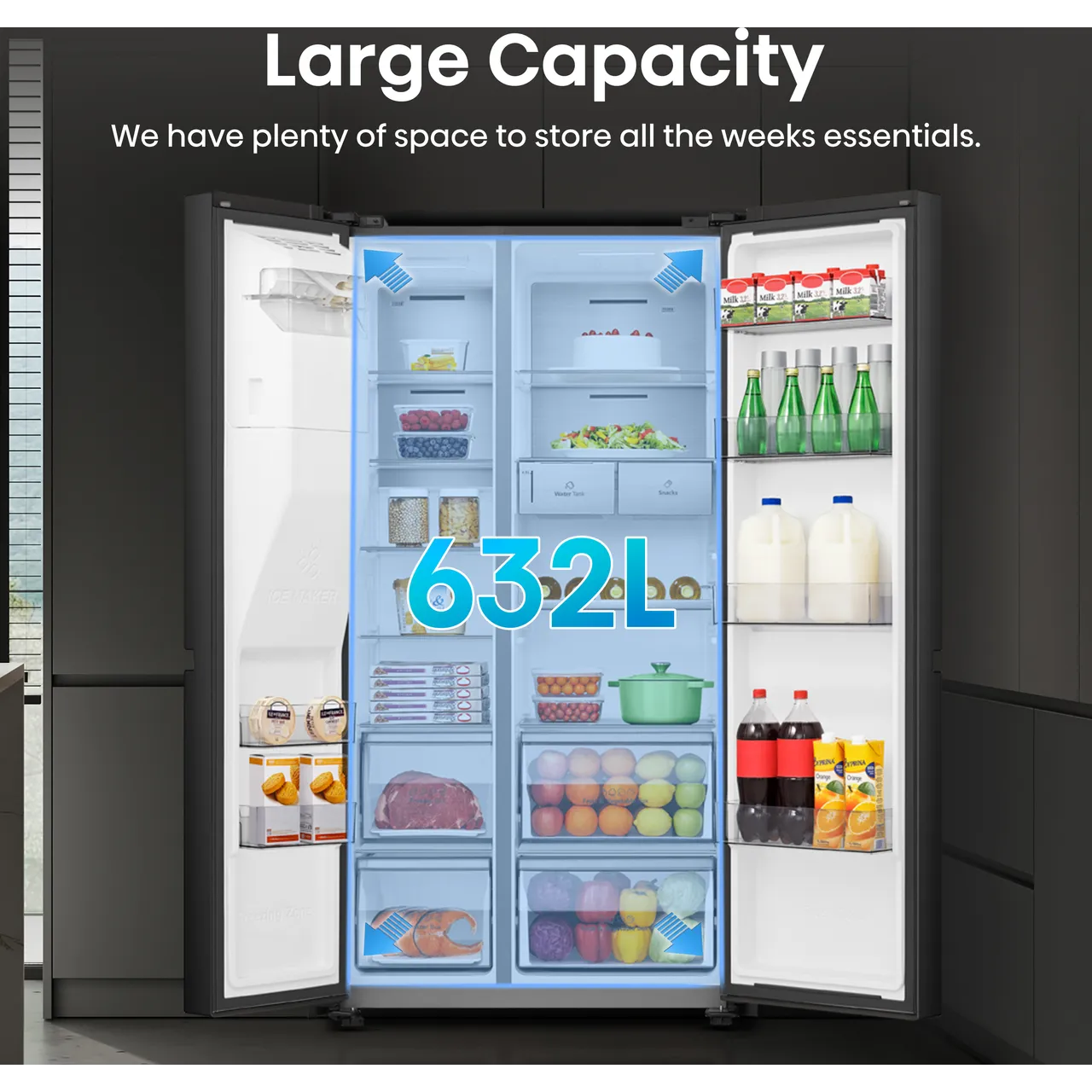 Hisense PureFlat RS818N4TFC Wifi Connected Non-Plumbed Frost Free American Fridge Freezer - Black Stainless Steel - C Rated (EX-DISPLAY/B)
