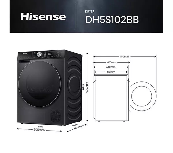 Hisense 5S Series DH5S102BB Wifi Connected 10Kg Heat Pump Tumble Dryer - Black - A+++ Rated (EX-DISPLAY/B)