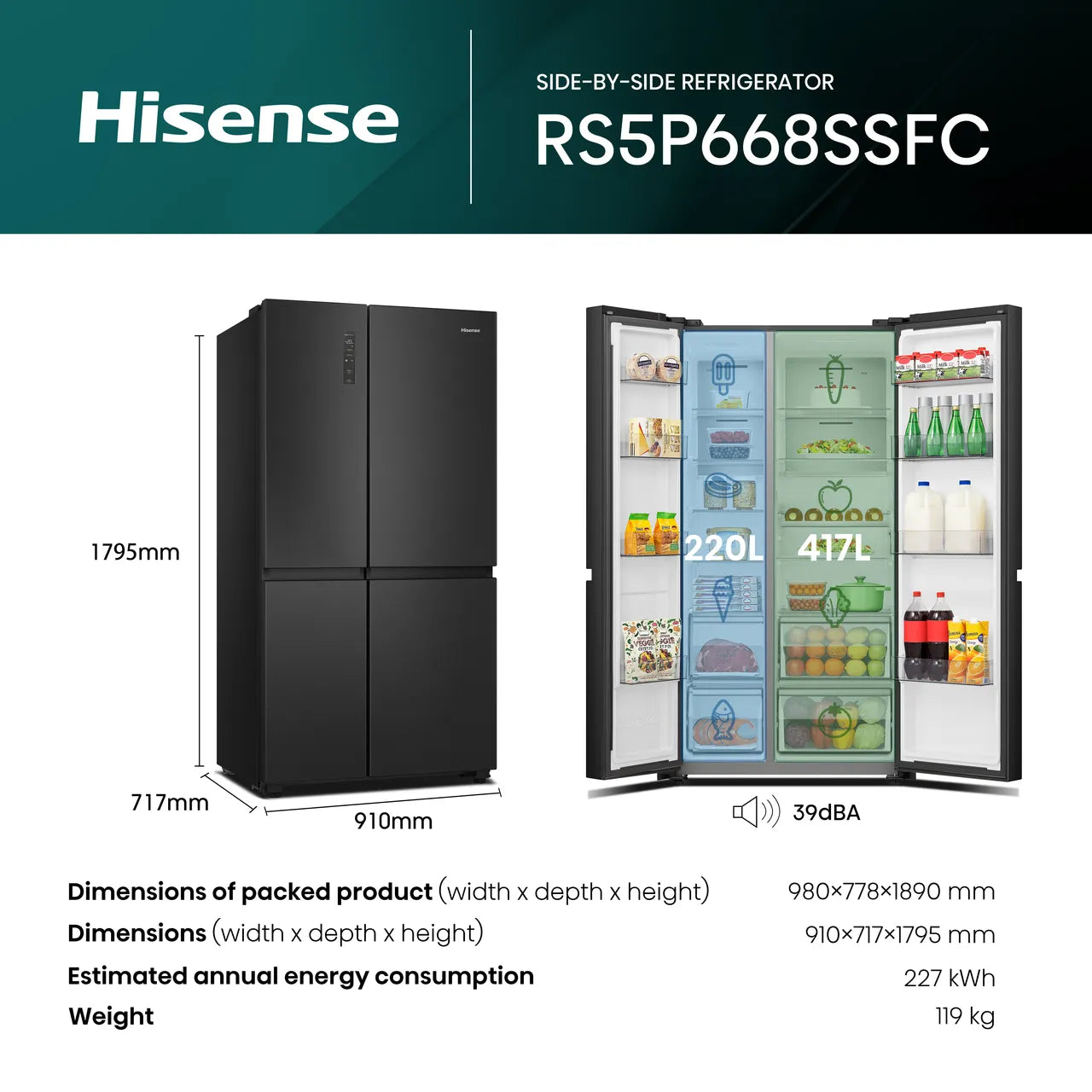Hisense PureFlat RS5P668SSFC Wifi Connected Total No Frost American Fridge Freezer - Black Stainless Steel (EX-DISPLAY/B)