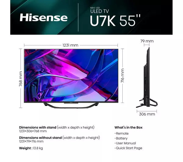 HISENSE 55U7KQTUK 55" Smart 4K Ultra HD HDR Mini-LED TV