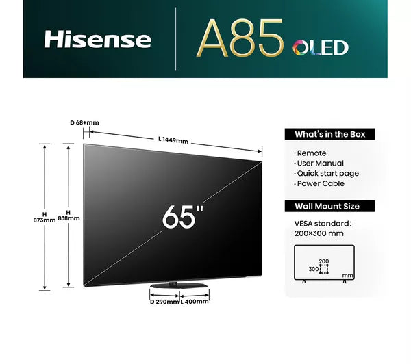 HISENSE 65A85KTUK 65" Smart 4K Ultra HD HDR OLED TV
