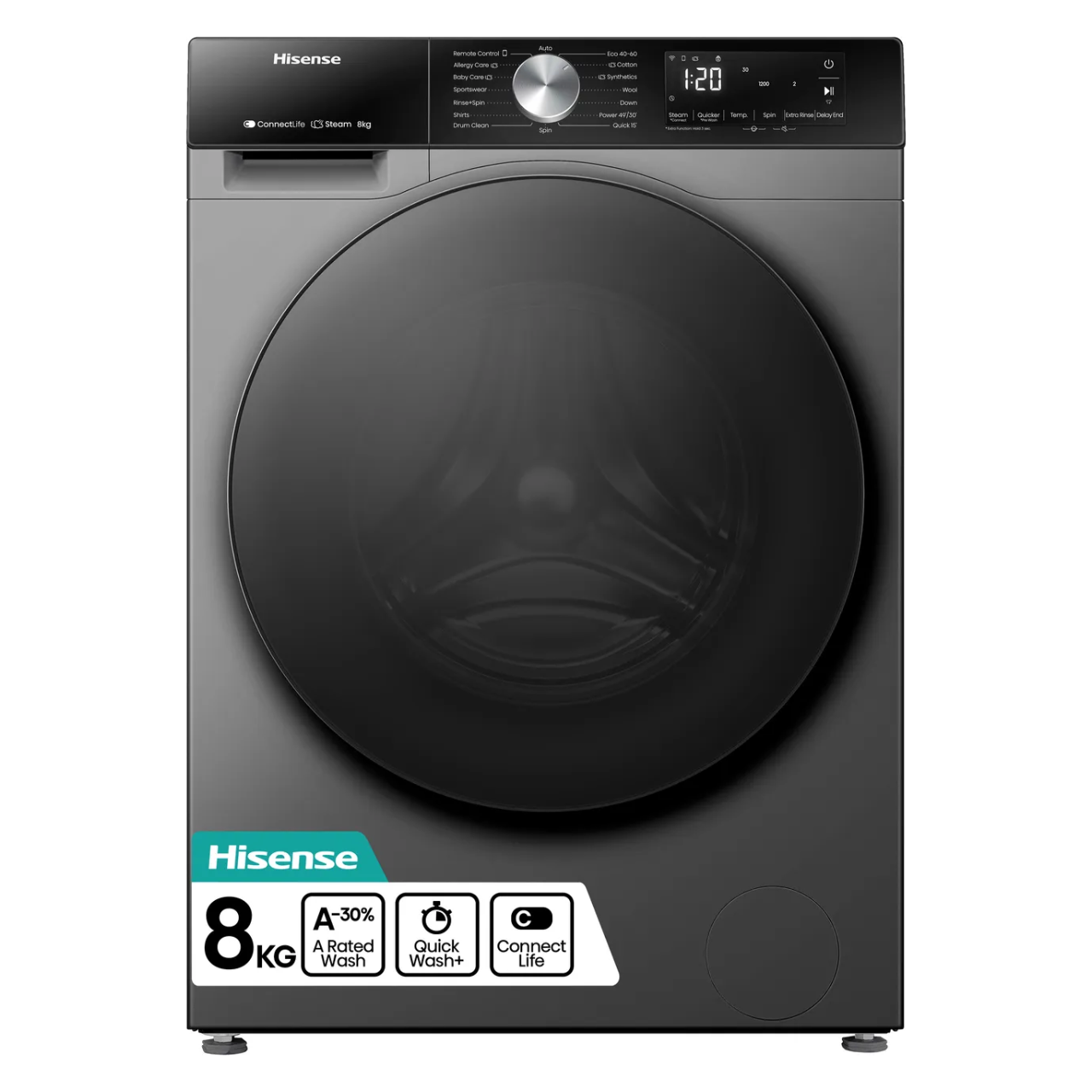 Hisense 3S Series WF3S8043BT3 8kg WiFi Connected Washing Machine with 1400 rpm - Titanium - A Rated (EX-DISPLAY/B)