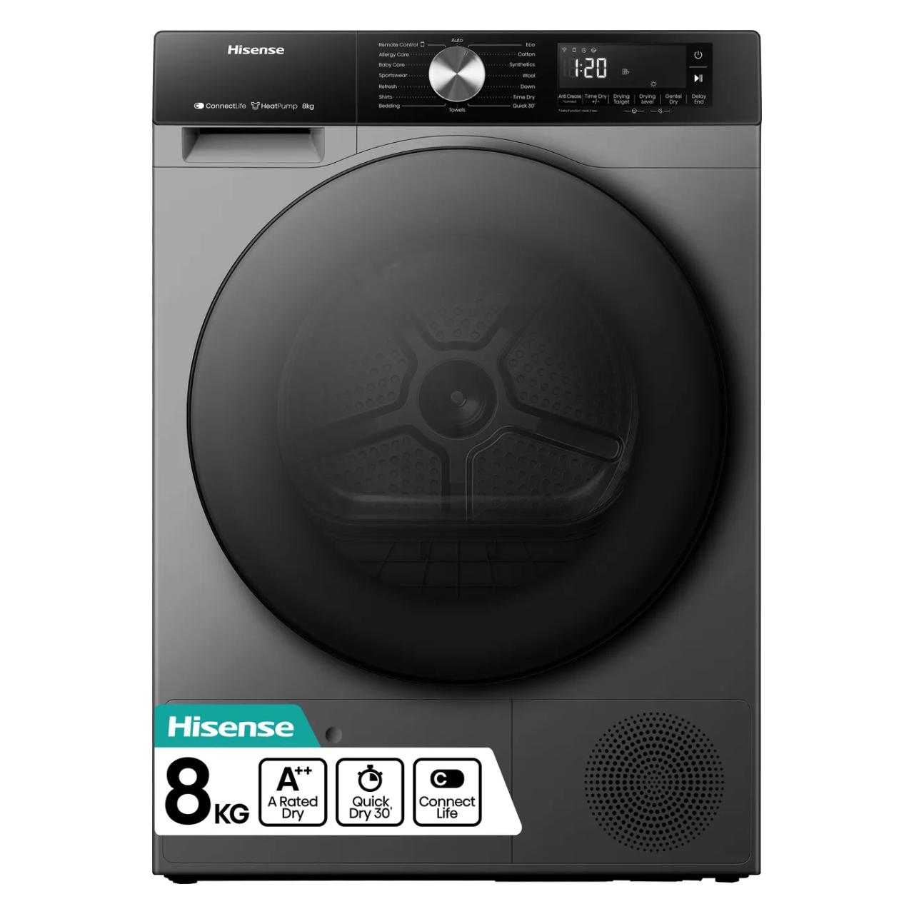 Hisense 3S Series DH3S802BT2 Wifi Connected 8Kg Heat Pump Tumble Dryer - Titanium - A++ Rated (EX-DISPLAY/B)