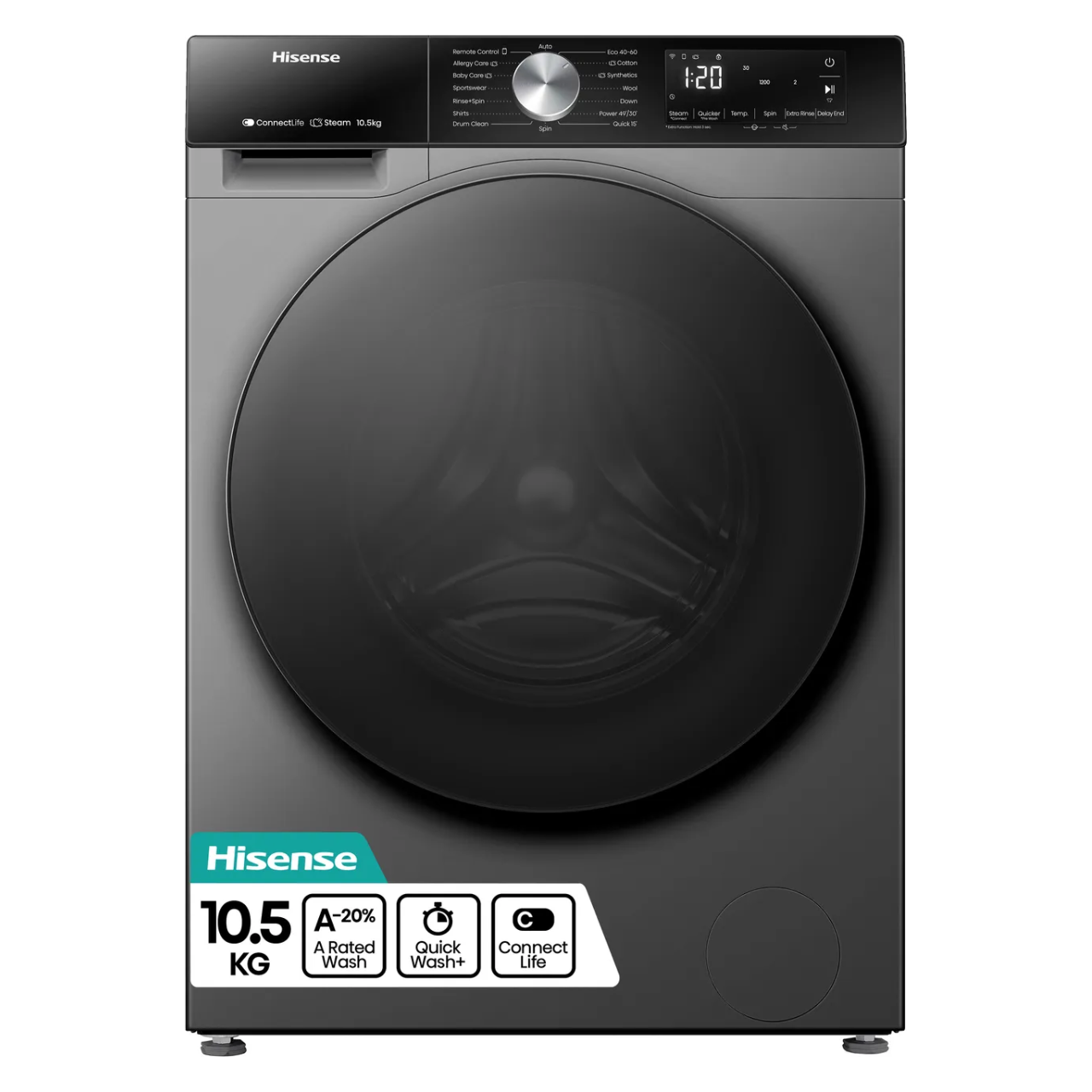 Hisense 3S Series WF3S1043BT3 10.5kg WiFi Connected Washing Machine with 1400 rpm - Titanium - A Rated (EX-DISPLAY/B)