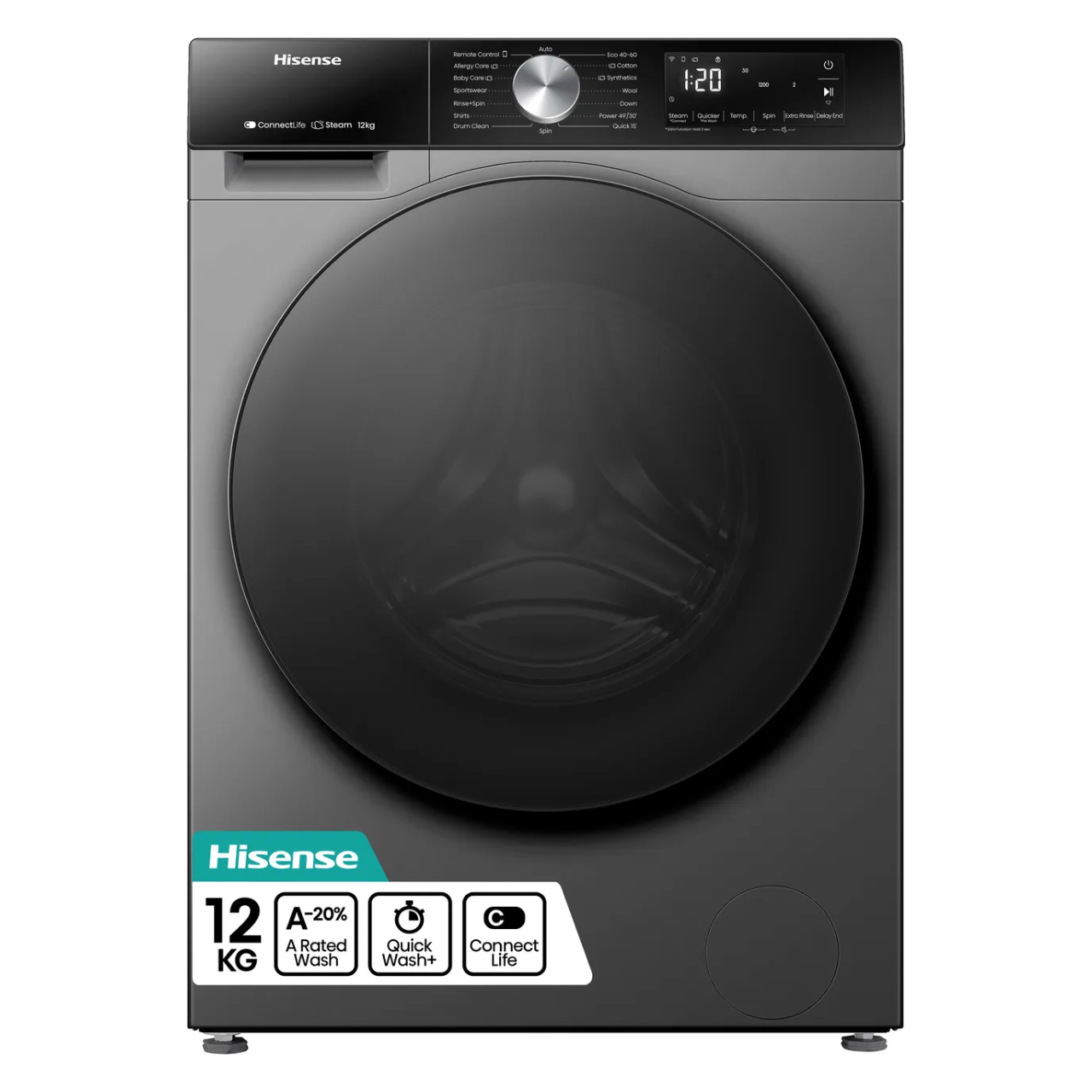 Hisense 3S Series WF3S1243BT3 12kg WiFi Connected Washing Machine with 1400 rpm - Titanium - A Rated (EX-DISPLAY/B)