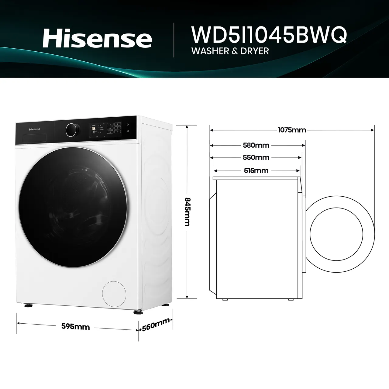 Hisense 5i KitchenFit Series WD5I1045BWQ Wifi Connected 10.5Kg / 6Kg Washer Dryer with 1400 rpm - White - D Rated [Wash&Dry], A Rated [Wash Only] (EX-DISPLAY/B)