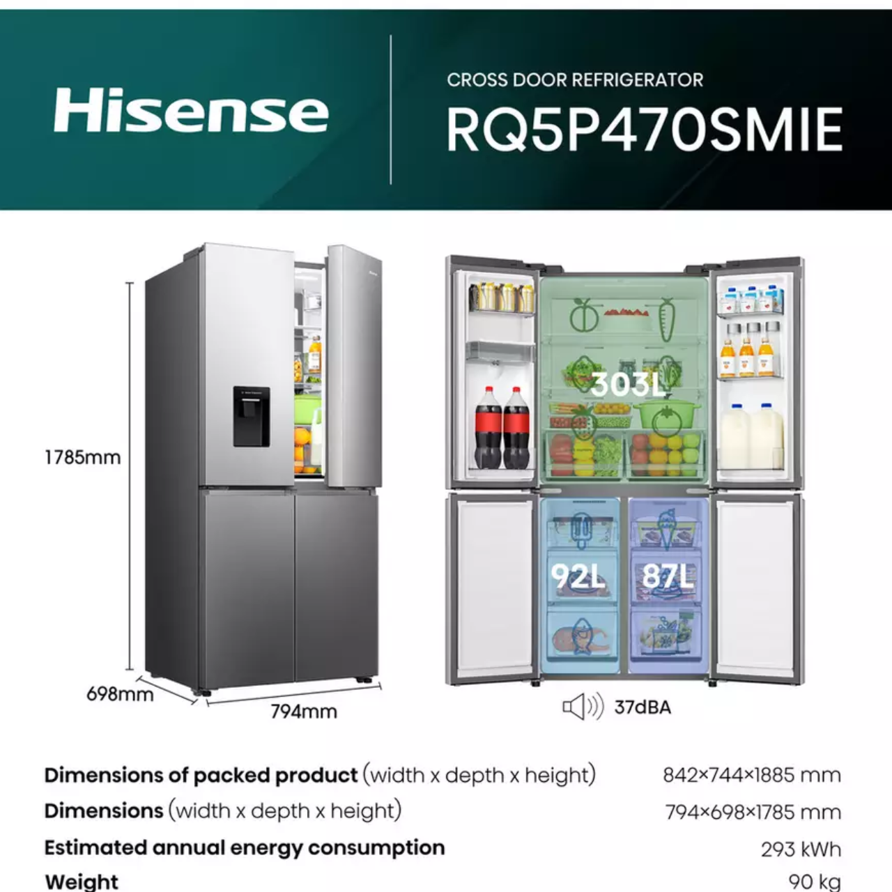 Hisense RQ5P470SMIE Wifi Connected Non-Plumbed Total No Frost American Fridge Freezer - Stainless Steel (EX-DISPLAY/C)