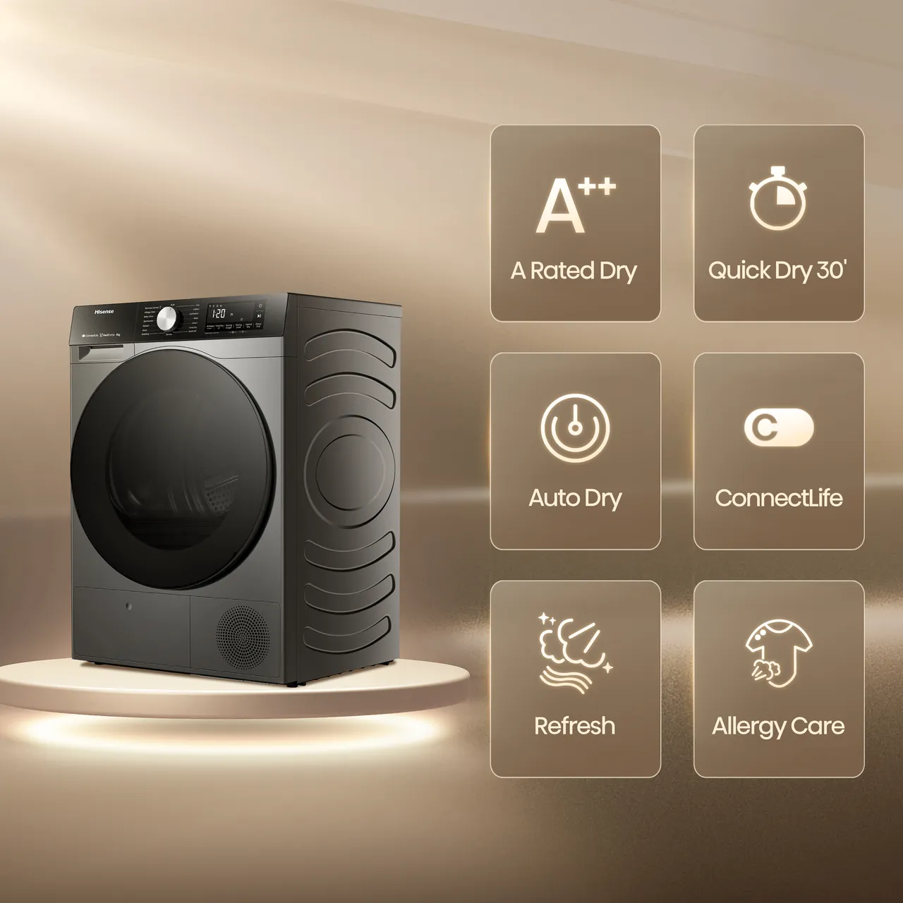 Hisense 3S Series DH3S802BT2 Wifi Connected 8Kg Heat Pump Tumble Dryer - Titanium - A++ Rated (EX-DISPLAY/B)