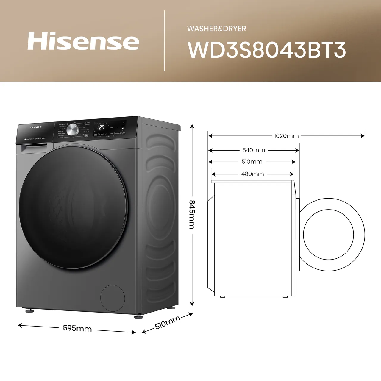 Hisense 3S Series WD3S8043BT3 Wifi Connected 8Kg / 5Kg Washer Dryer with 1400 rpm - Titanium - D Rated [Wash&Dry], A Rated [Wash Only] (EX-DISPLAY/B)