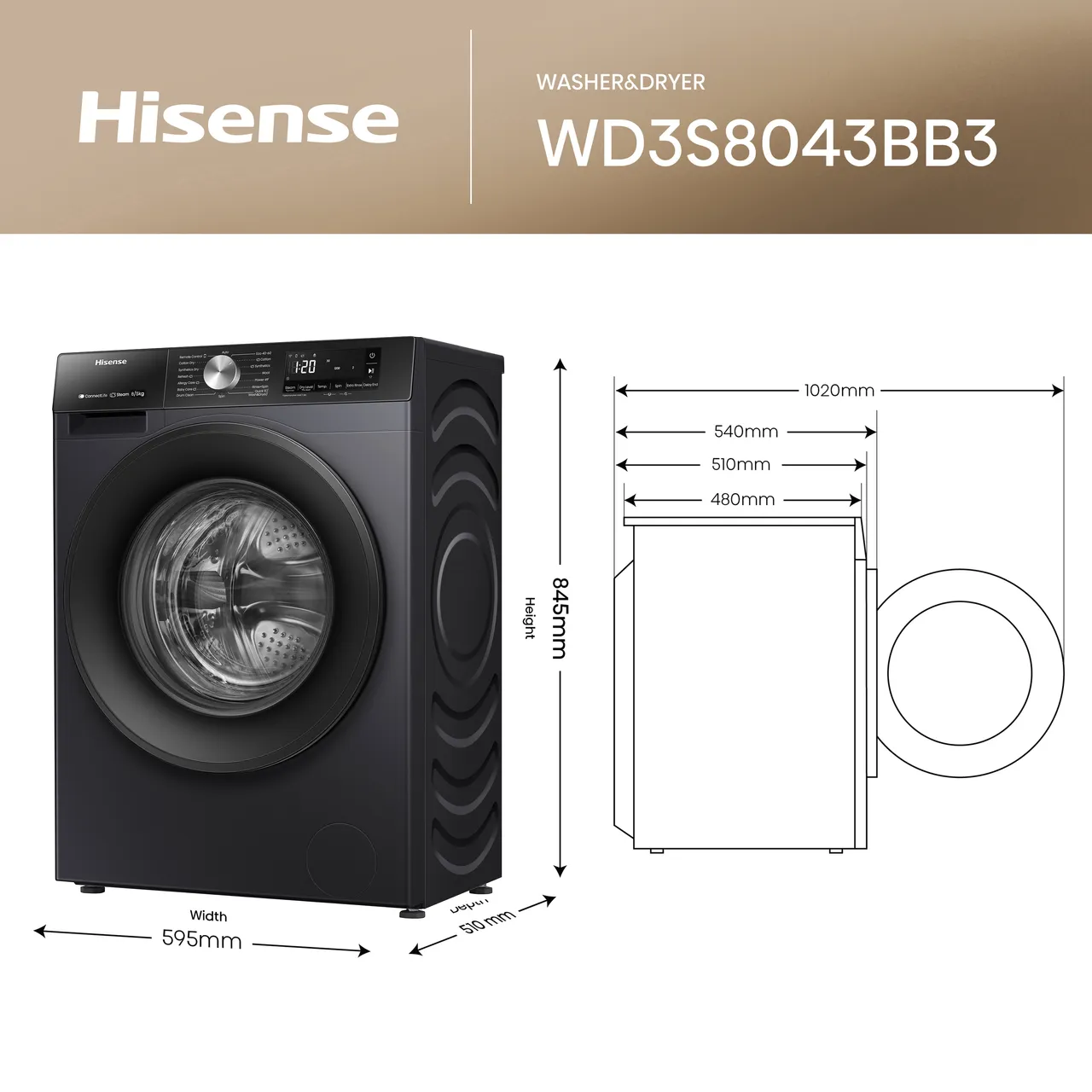 Hisense 3S Series WD3S8043BB3 Wifi Connected 8Kg / 5Kg Washer Dryer with 1400 rpm - Black - D Rated [Wash&Dry], A Rated [Wash Only] (EX-DISPLAY/B)