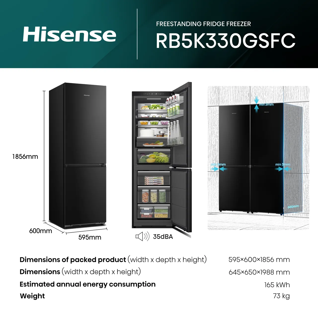 Hisense KitchenFit Eclipse Series RB5K330GSFC 186cm 60/40 No Frost Fridge Freezer - Black / Stainless Steel - C Rated (EX-DISPLAY/A)