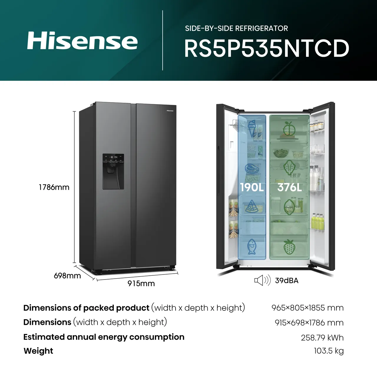 Hisense PureFlat RS5P535NTFDUK Non-Plumbed Total No Frost American Fridge Freezer - Black Stainless Steel - D Rated (EX-DISPLAY/B)