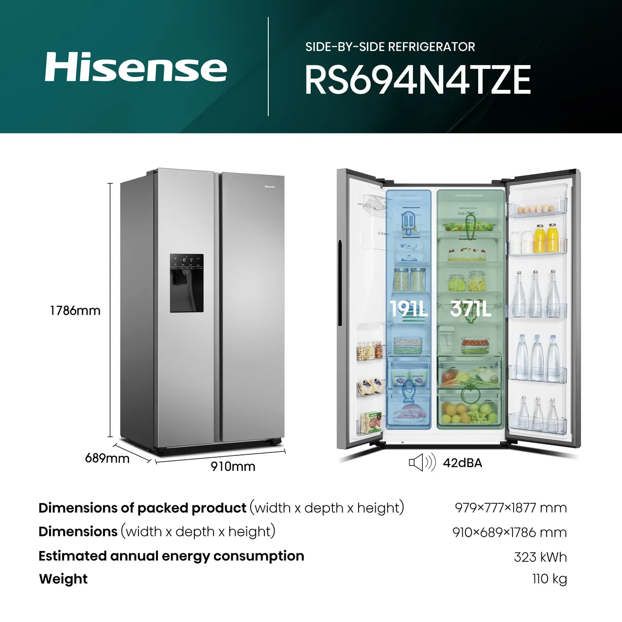 Hisense RS694N4TZF Non-Plumbed Frost Free American Fridge Freezer - Stainless Steel - F Rated (EX-DISPLAY/C)