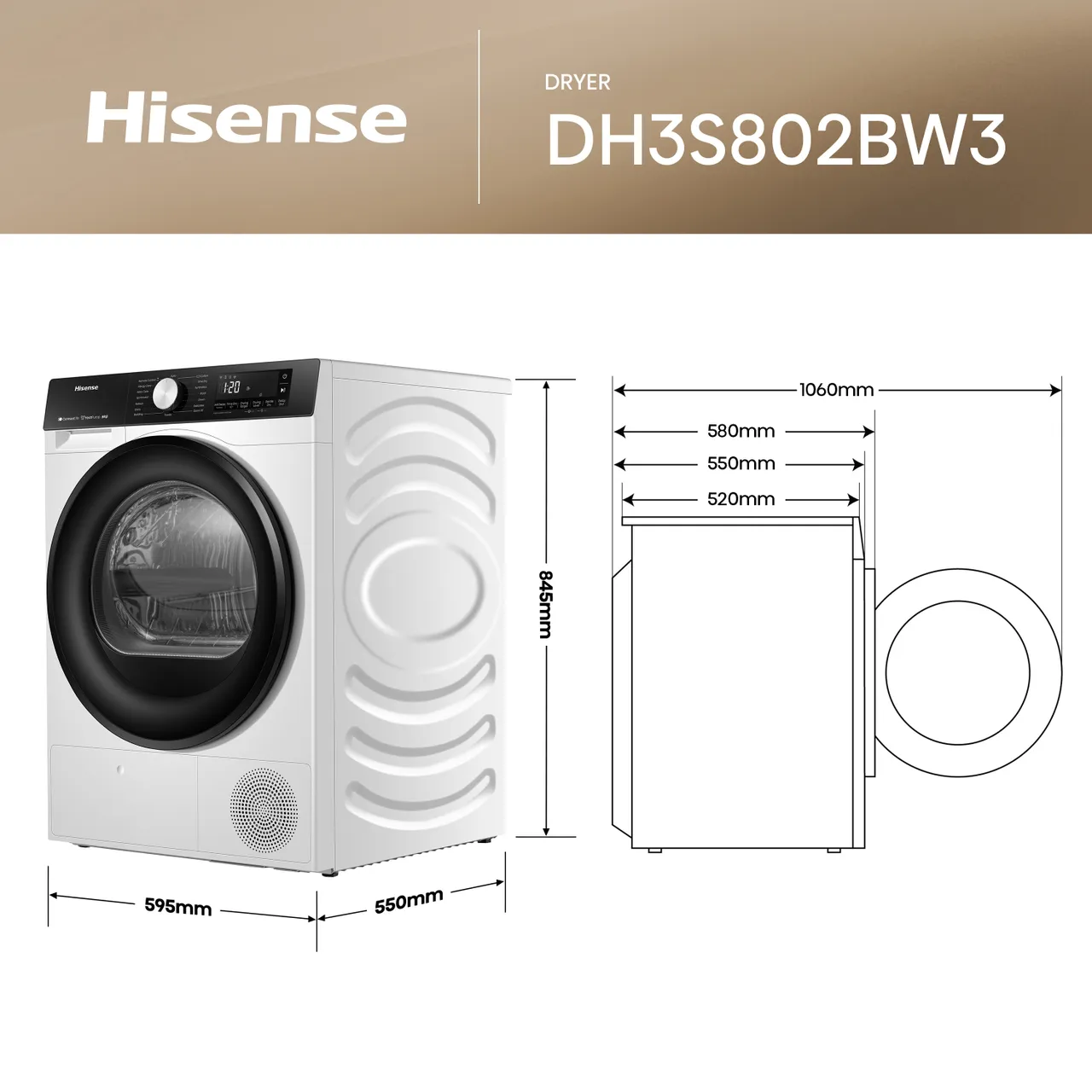 Hisense 3S Series DH3S802BW3 Wifi Connected 8Kg Heat Pump Tumble Dryer - White - A+++ Rated (EX-DISPLAY/B)