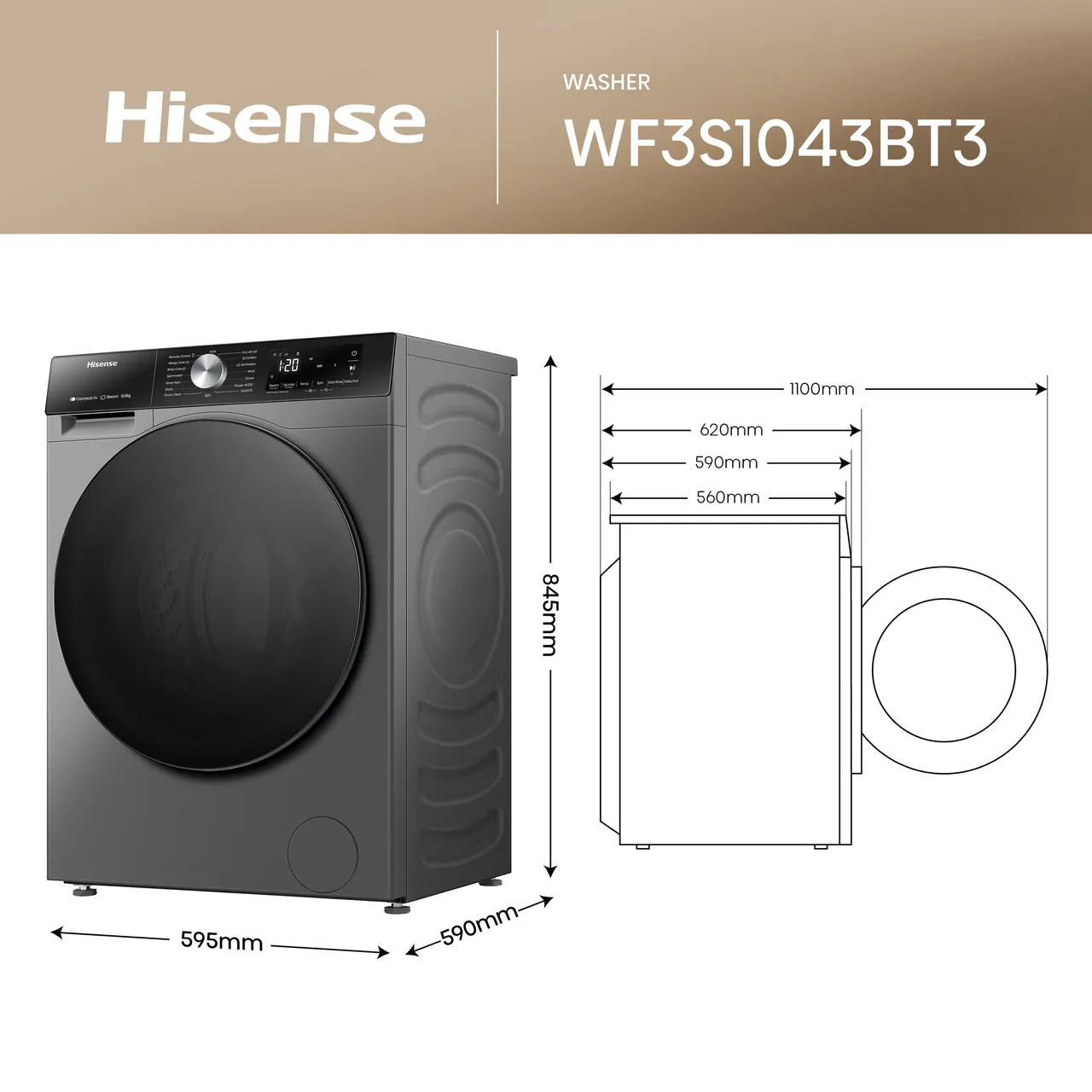 Hisense 3S Series WF3S1043BT3 10.5kg WiFi Connected Washing Machine with 1400 rpm - Titanium - A Rated (EX-DISPLAY/B)