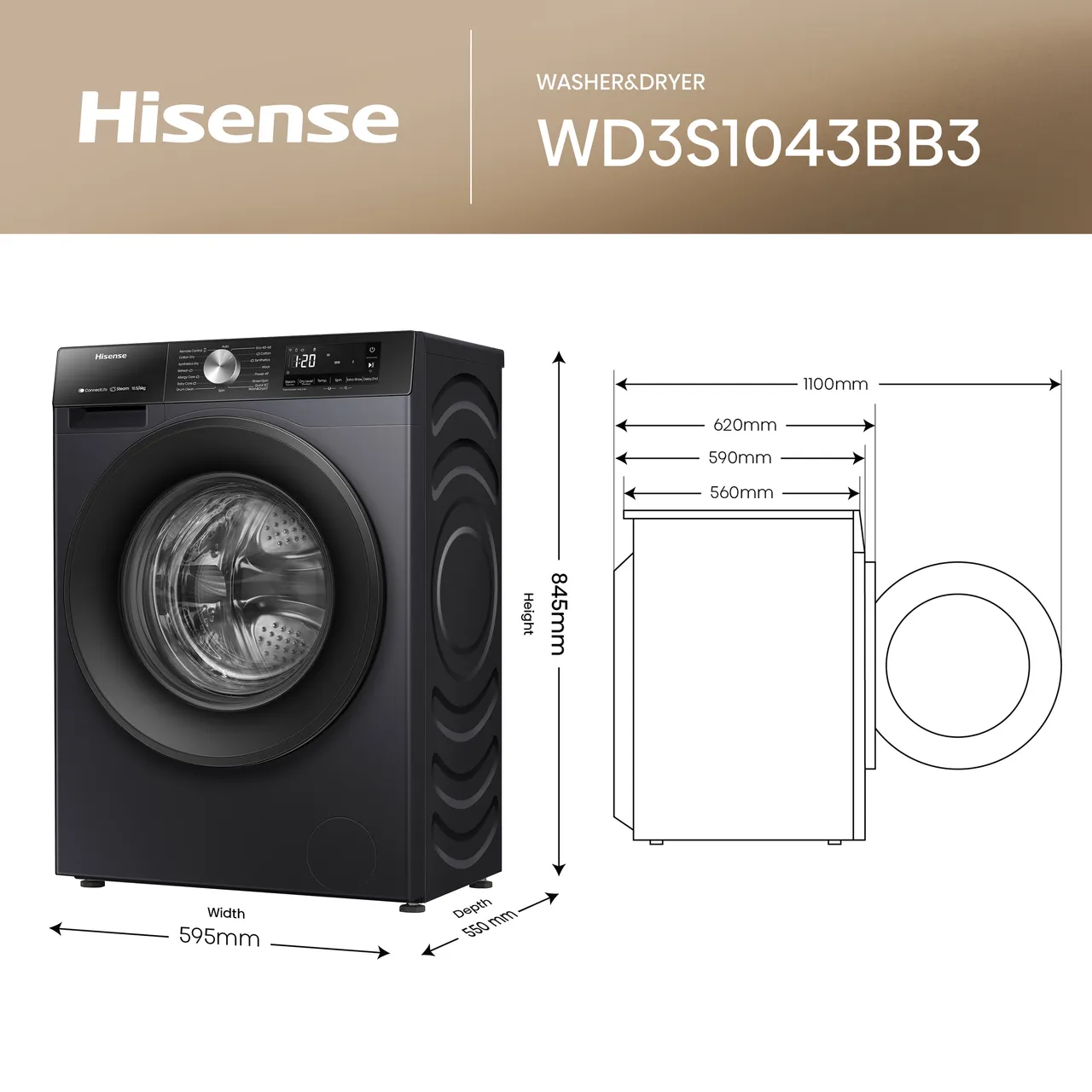 Hisense 3S Series WD3S1043BB3 Wifi Connected 10.5Kg / 6Kg Washer Dryer with 1400 rpm - Black - D Rated [Wash&Dry], A Rated [Wash Only] (EX-DISPLAY/B)
