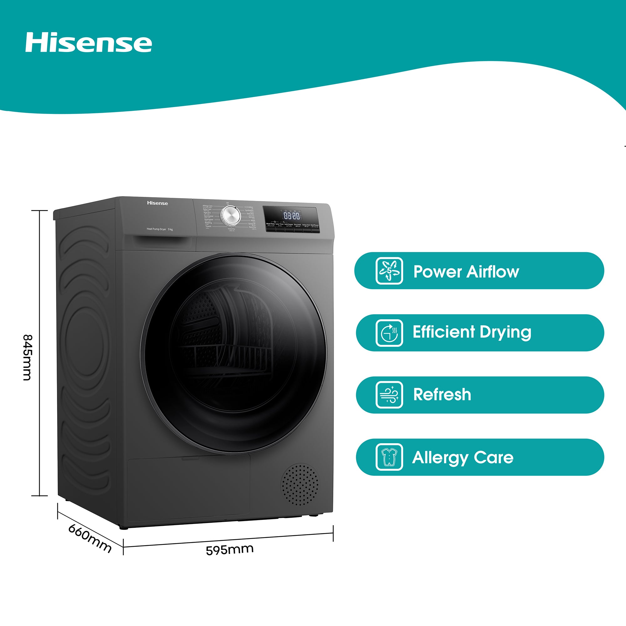 Hisense 3 Series DHQA902UT 9Kg Heat Pump Tumble Dryer - Titanium (EX-DISPLAY/B)