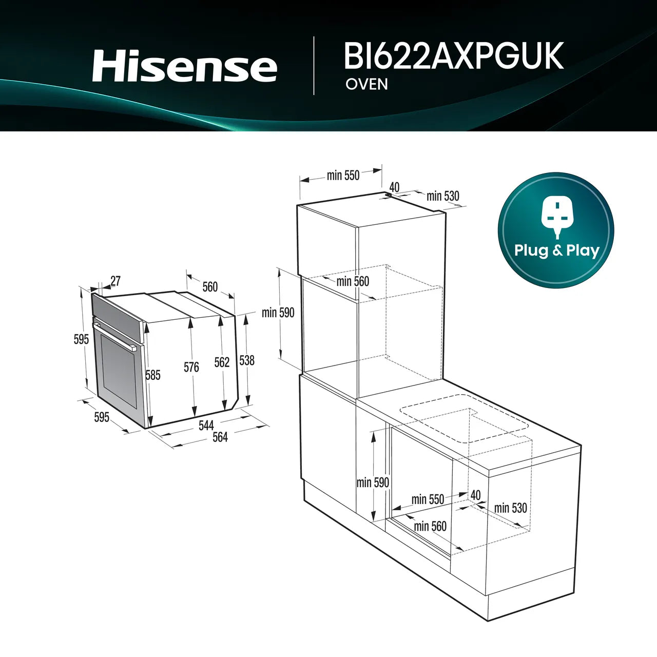 Hisense Hi2 BI622AXPGUK Built In Electric Single Oven - Stainless Steel - A Rated - NEW