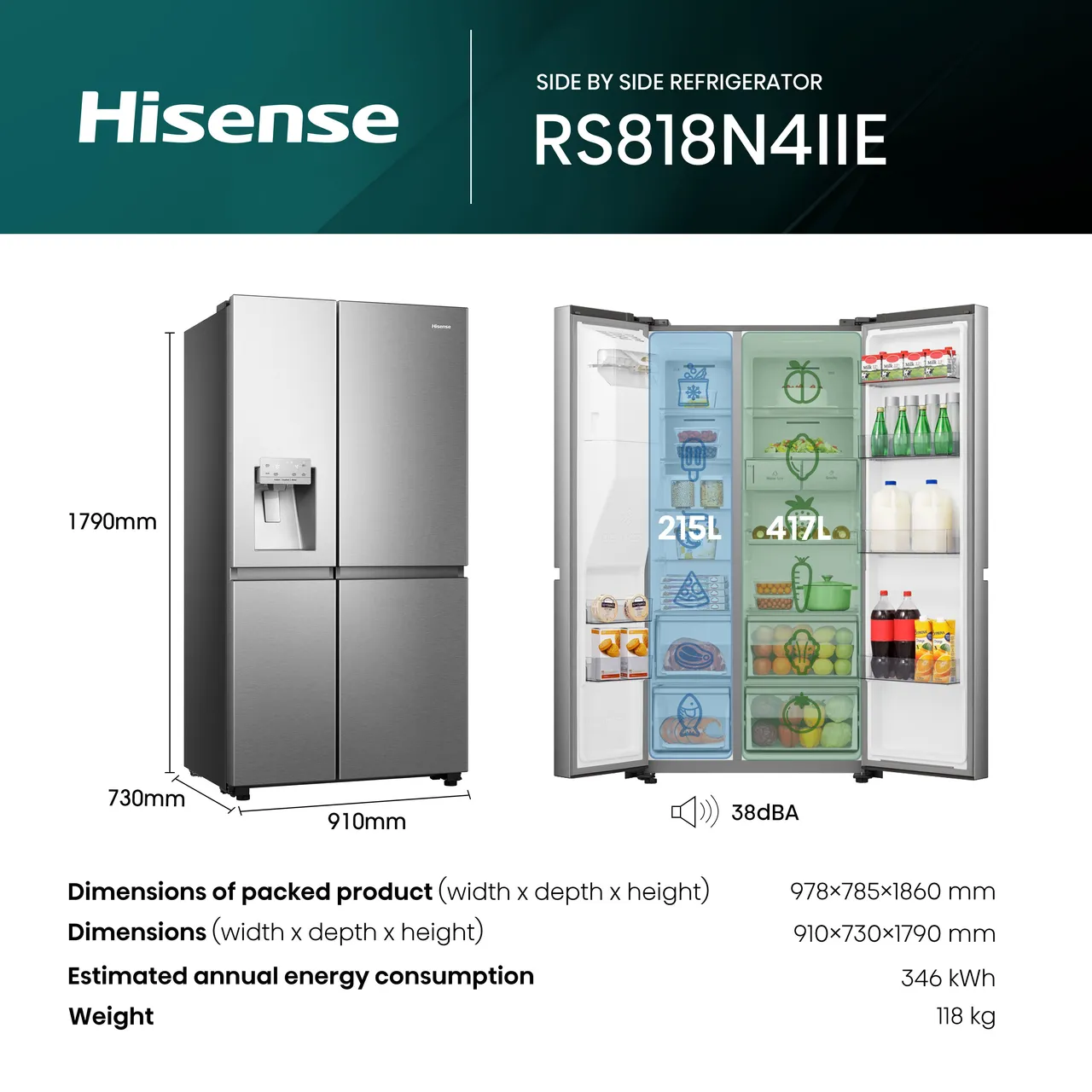 Hisense PureFlat Infinite RS818N4IIE Wifi Connected Plumbed Total No Frost American Fridge Freezer - Stainless Steel - E Rated (EX-DISPLAY/B)