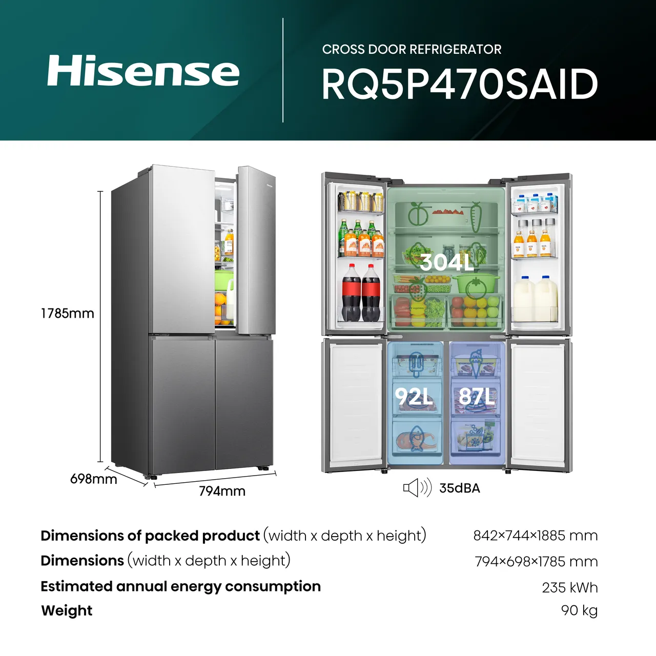 Hisense PureFlat RQ5P470SAID Wifi Connected Total No Frost American Fridge Freezer - Stainless Steel - D Rated (EX-DISPLAY/C)