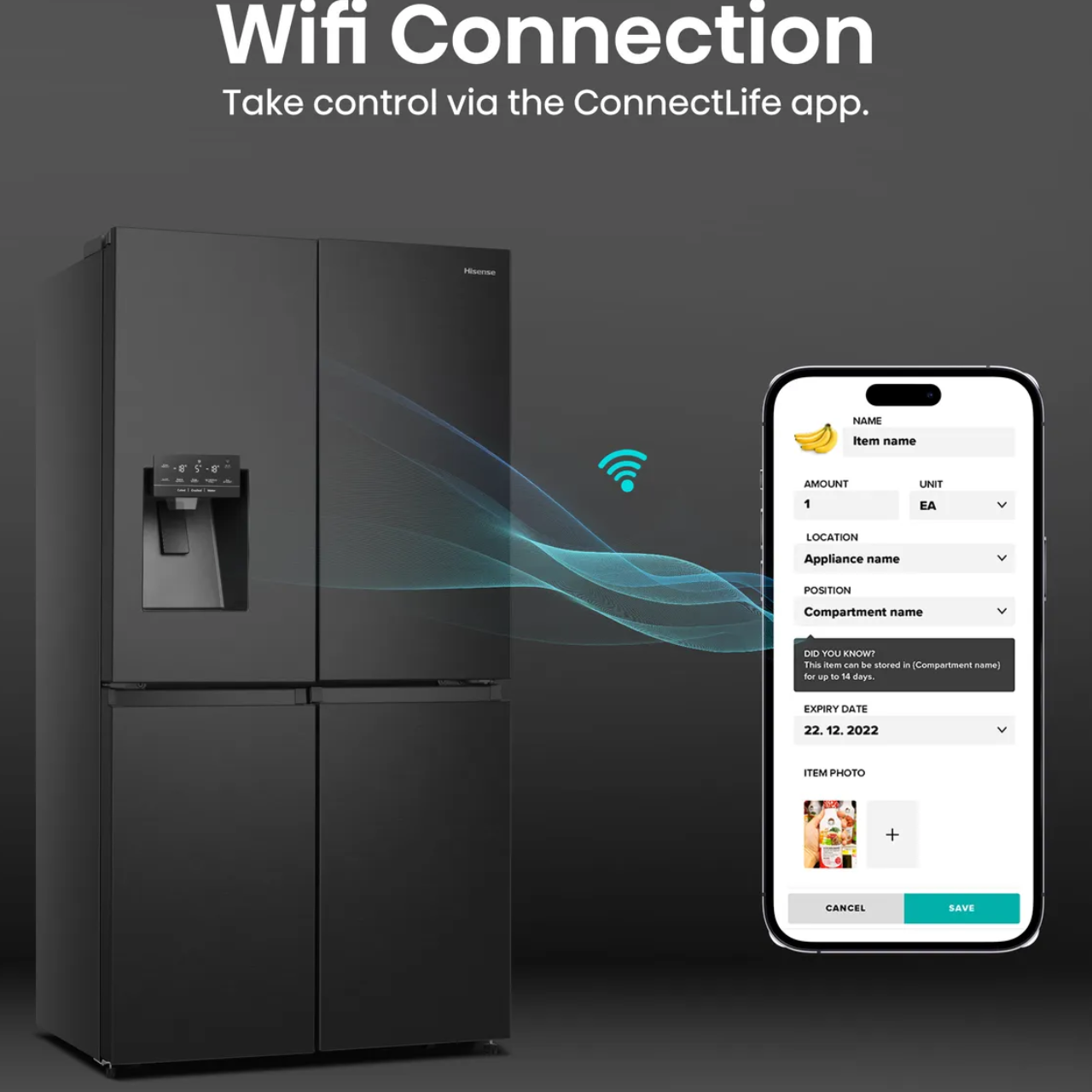 Hisense PureFlat RQ760N4SBFE Non-Plumbed Total No Frost American Fridge Freezer - Black Stainless Steel - E Rated (EX-DISPLAY/B)
