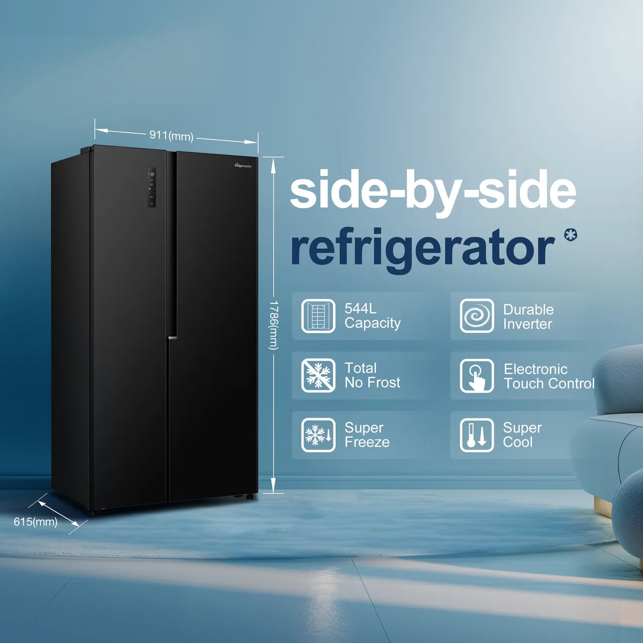 Fridgemaster MS91558EB Total No Frost American Fridge Freezer - Black - E Rated (EX-DISPLAY/B)