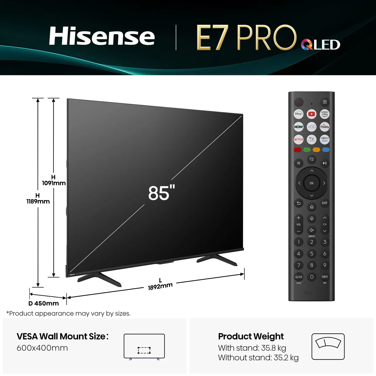 Hisense E78Q 85" 4K Ultra HD QLED Smart Freely TV [2025] - 85E78QTUK PRO