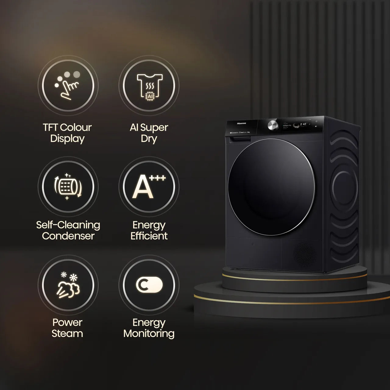 Hisense 7S Series DH7S107BB Wifi Connected 10Kg Heat Pump Tumble Dryer - Black - A+++ Rated (EX-DISPLAY/B)
