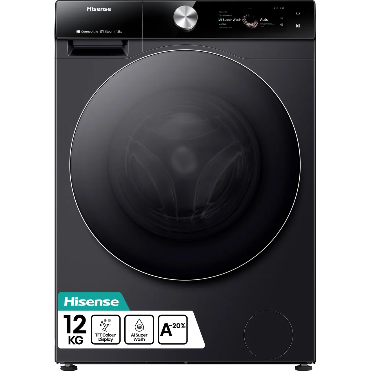 Hisense 7S Series WF7S1247BB 12kg WiFi Connected Washing Machine with 1400 rpm - Black - A Rated (EX-DISPLAY/B)