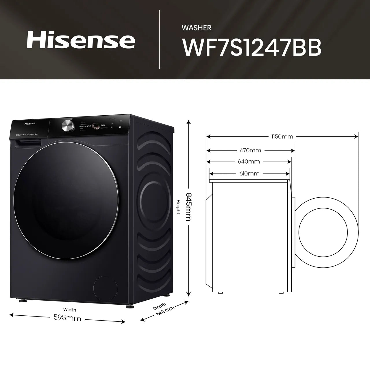 Hisense 7S Series WF7S1247BB 12kg WiFi Connected Washing Machine with 1400 rpm - Black - A Rated (EX-DISPLAY/C)