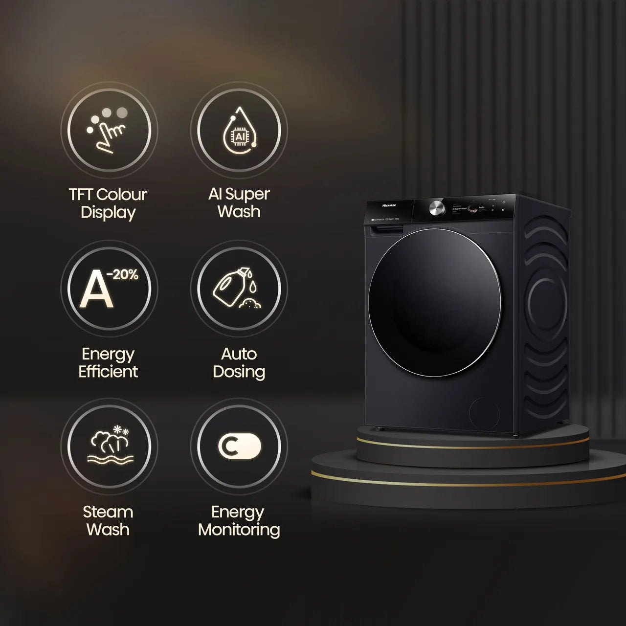 Hisense 7S Series WF7S1247BB 12kg WiFi Connected Washing Machine with 1400 rpm - Black - A Rated (EX-DISPLAY/B)