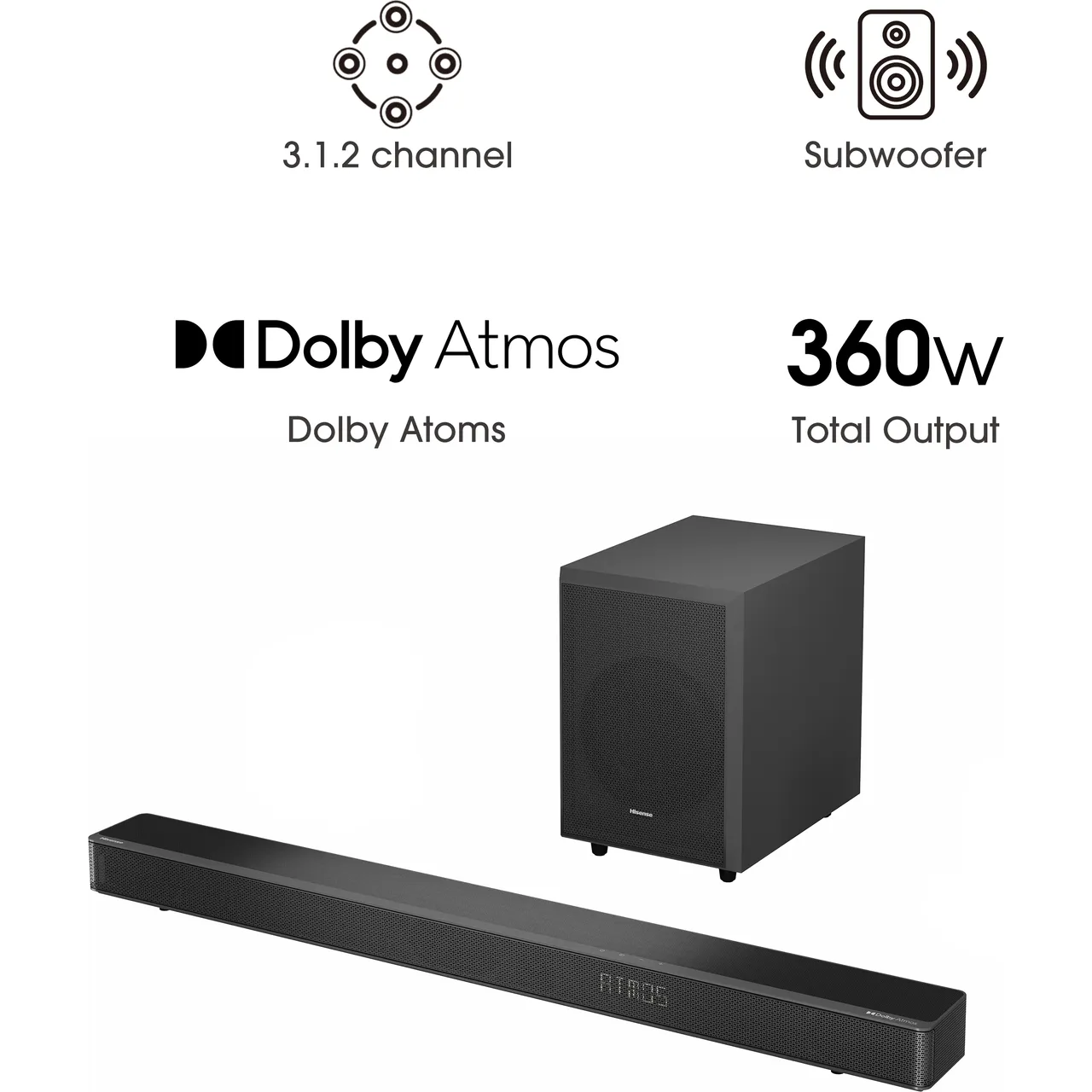 Hisense AX3120G 3.1.2 Soundbar with Wireless Subwoofer - Black